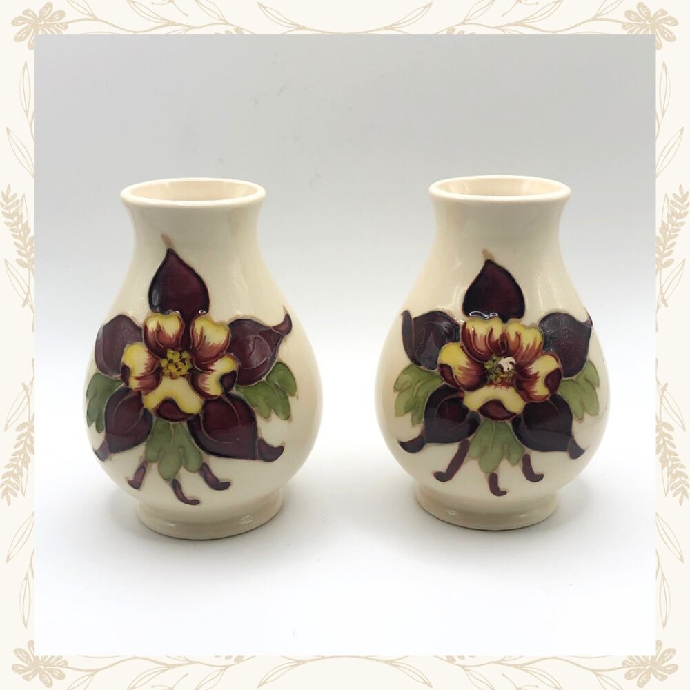 Pair of Moorcroft Pottery Mini Vases – Columbine Pattern on Cream Ground
